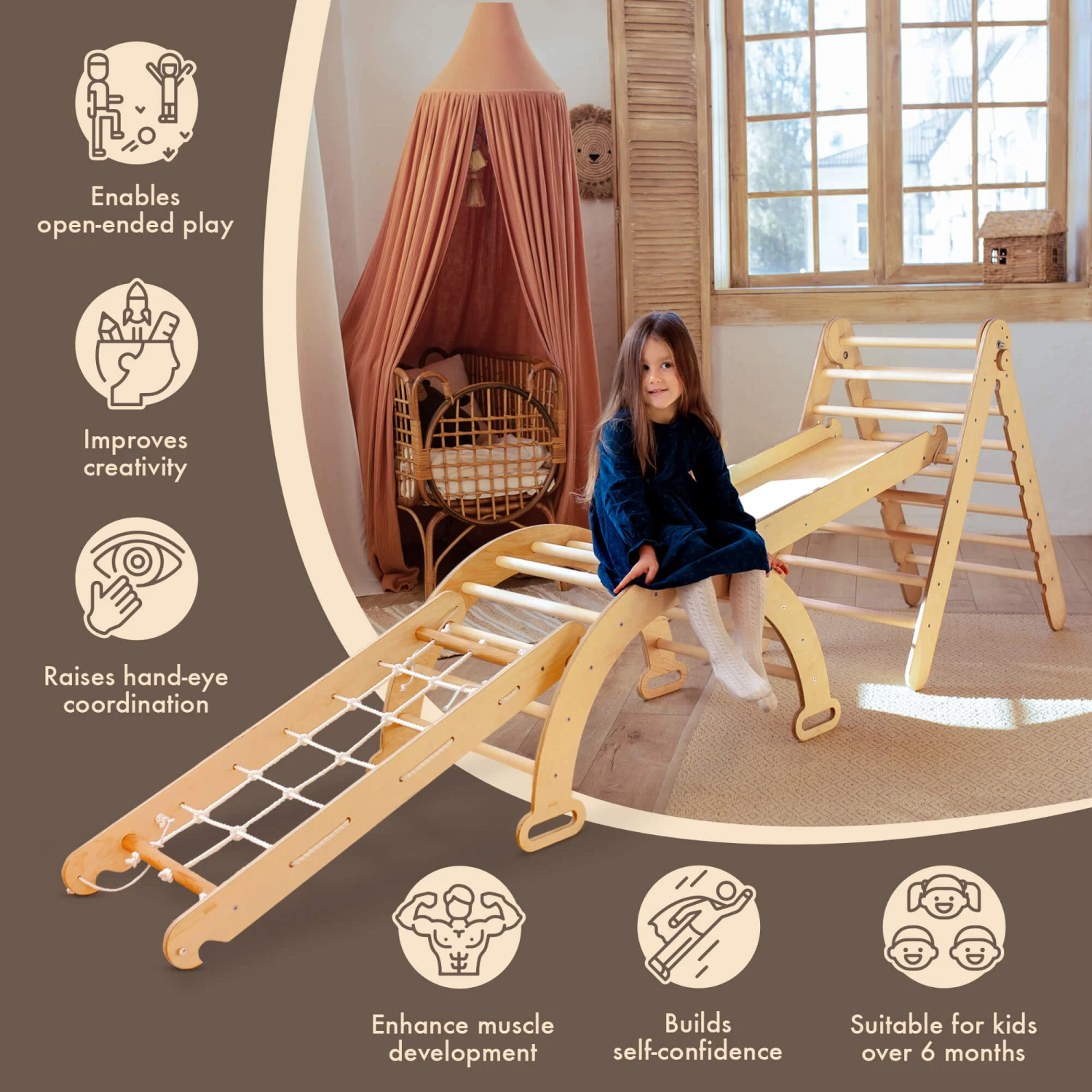 4in1 Montessori Climbing Frame Set: Triangle Ladder + Arch/Rocker + Slide Board/Ramp + Netting Rope - Image 2