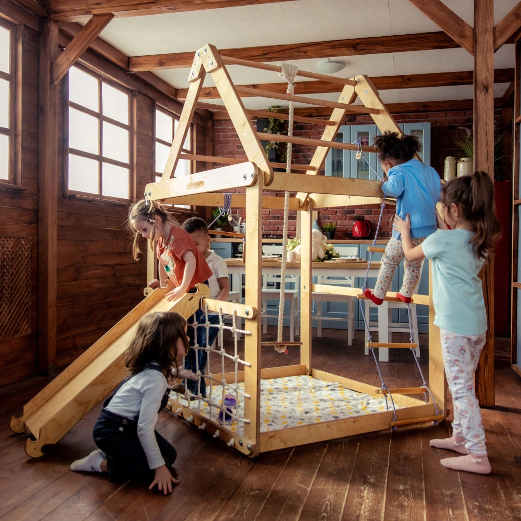 Indoor Wooden Playhouse With Triangle Ladder, Slide Board And Swings - Image 3