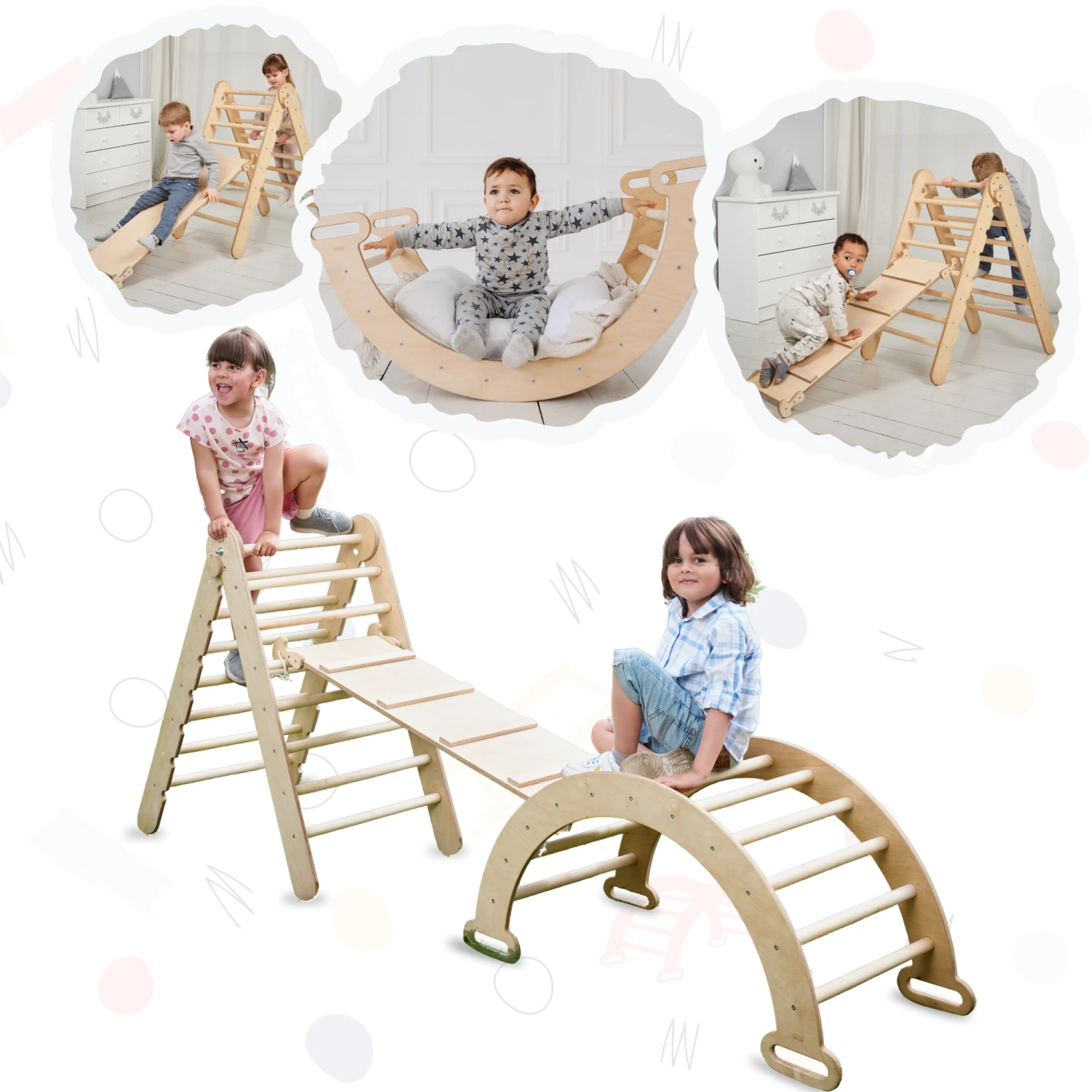 3in1 Montessori Climbing Set: Triangle Ladder + Wooden Arch + Slide Board β Beige NEW - Image 6