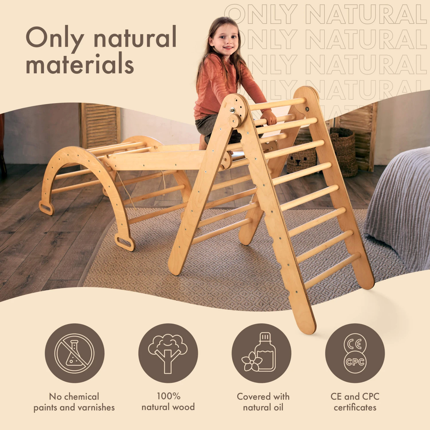 4in1 Montessori Climbing Frame Set: Triangle Ladder + Arch/Rocker + Slide Board/Ramp + Netting Rope - Image 6