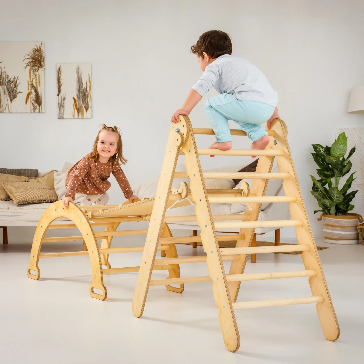 3in1 Montessori Climbing Set: Triangle Ladder + Wooden Arch + Slide Board β Beige NEW - Image 2