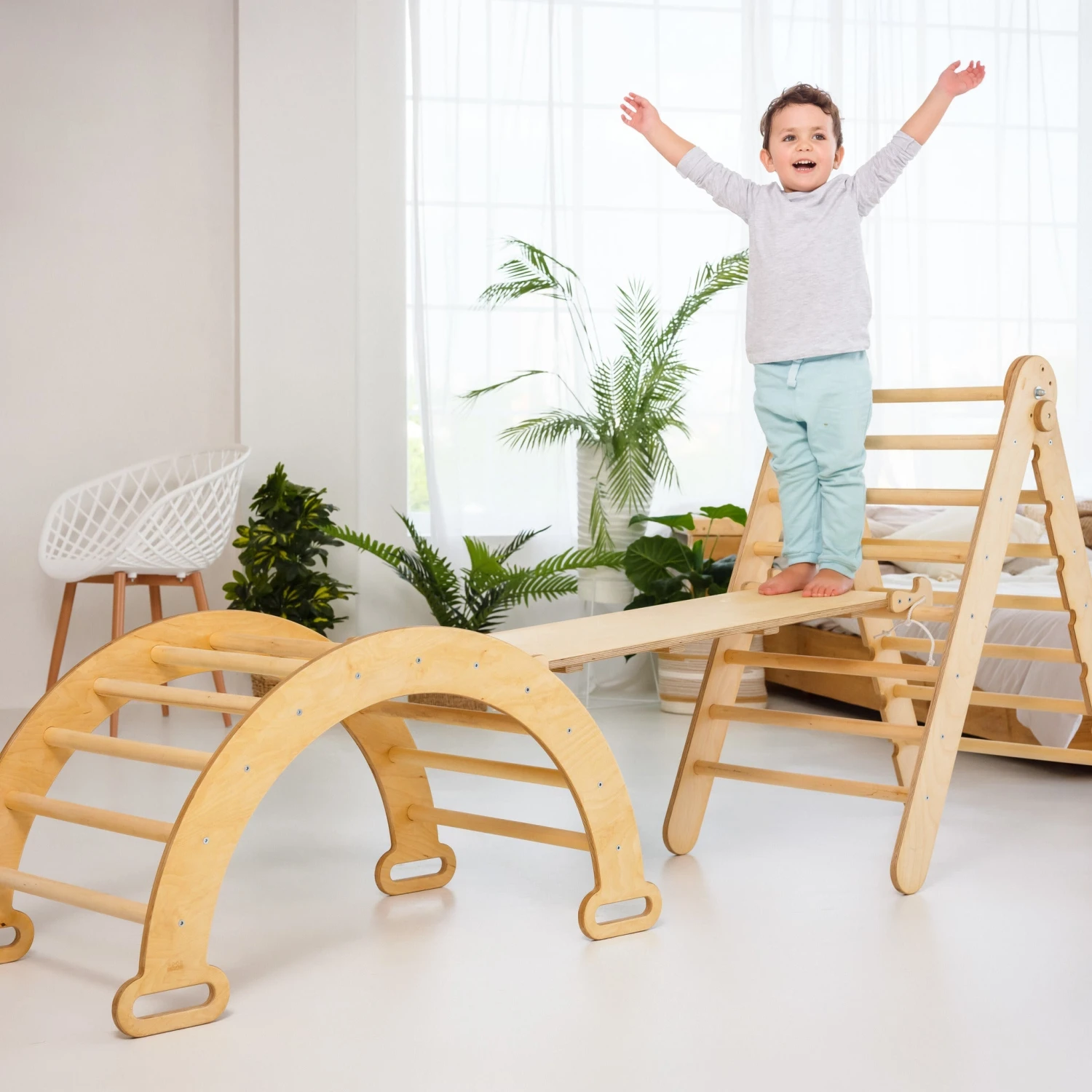 3in1 Montessori Climbing Set: Triangle Ladder + Wooden Arch + Slide Board β Beige NEW - Image 4