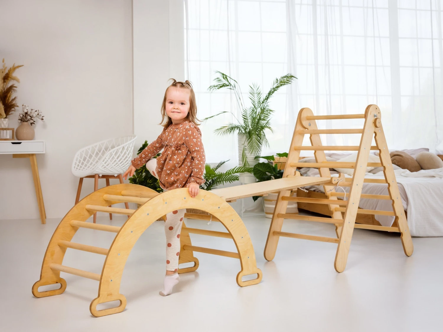 3in1 Montessori Climbing Set: Triangle Ladder + Wooden Arch + Slide Board β Beige NEW - Image 5