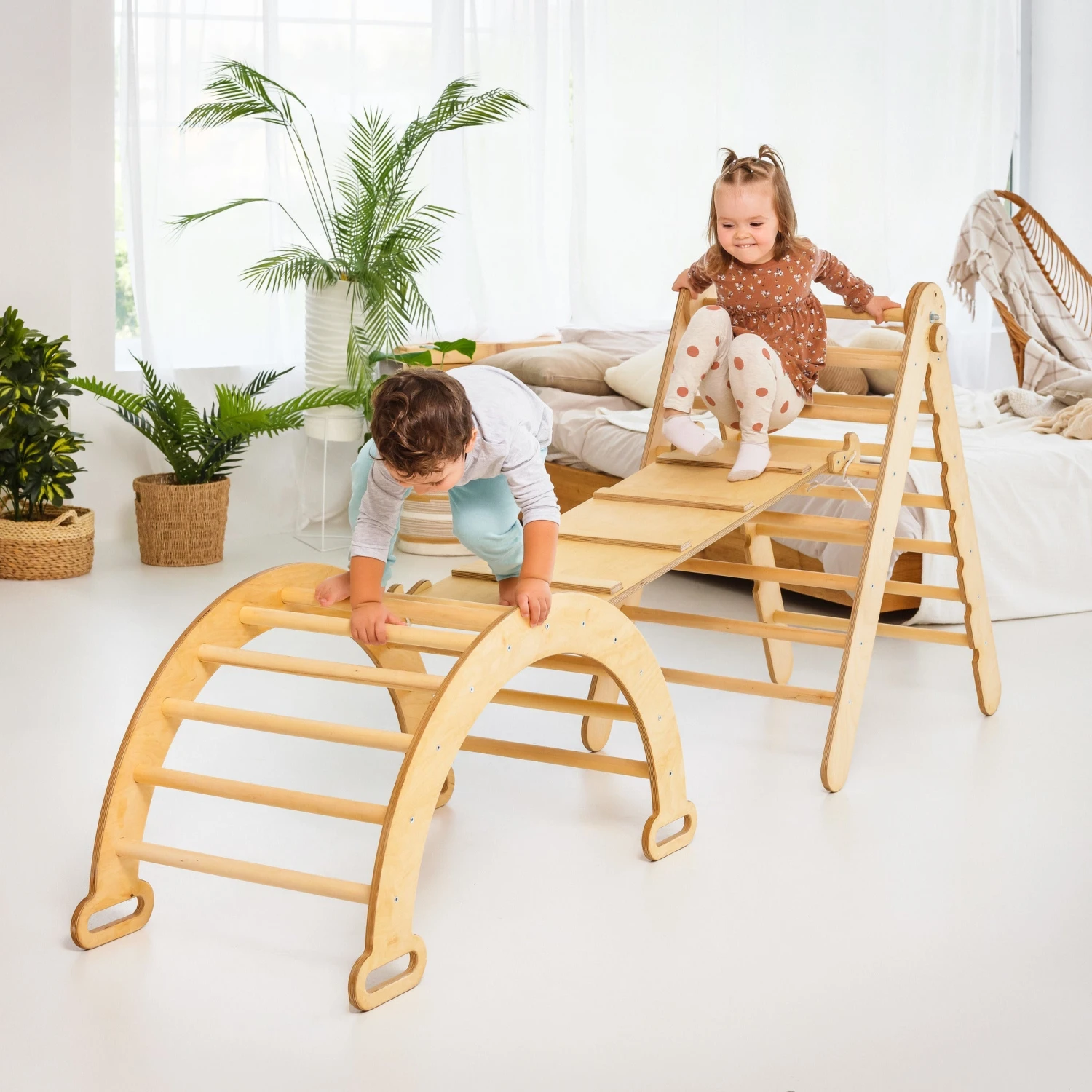 3in1 Montessori Climbing Set: Triangle Ladder + Wooden Arch + Slide Board β Beige NEW