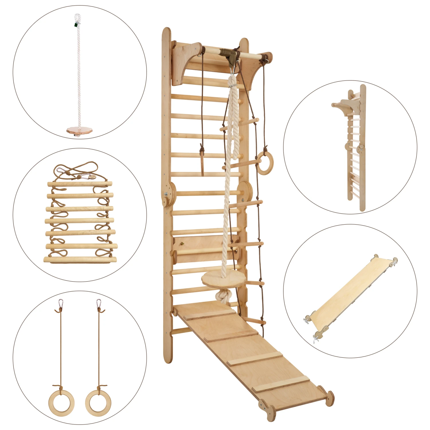 3in1: Wooden Swedish Wall / Climbing Ladder For Children + Swing Set + Slide Board - Image 2