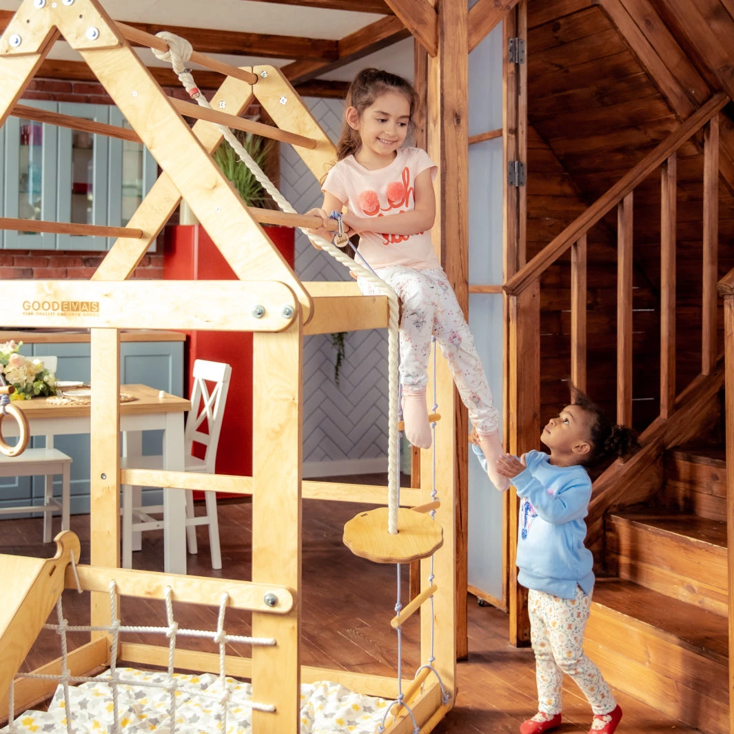 Indoor Wooden Playhouse With Triangle Ladder, Slide Board And Swings - Image 5