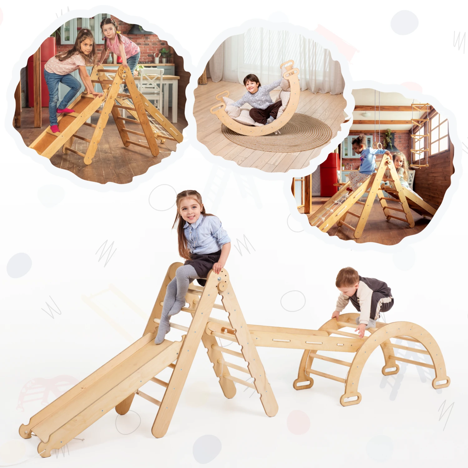 4in1 Montessori Climbing Frame Set: Triangle Ladder + Arch/Rocker + Slide Board/Ramp + Netting Rope