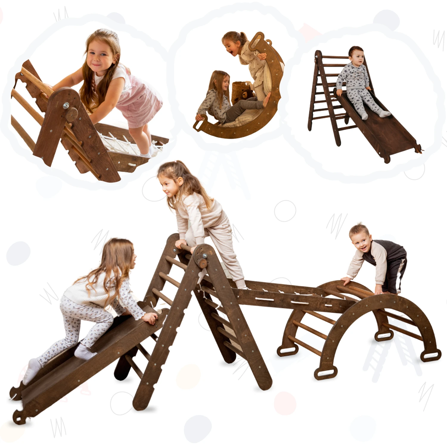 4in1 Montessori Climbing Frame Set: Triangle Ladder + Arch/Rocker + Slide Board/Ramp + Netting Rope - Image 12