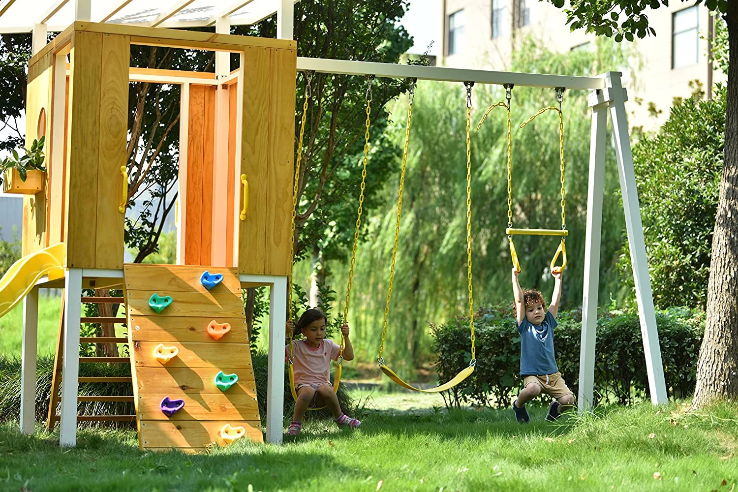 Forest - Modern Backyard Outdoor Swing Set 2 Swings And Trapeze Bar - Image 4