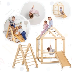 Indoor Wooden Playhouse With Triangle Ladder, Slide Board And Swings
