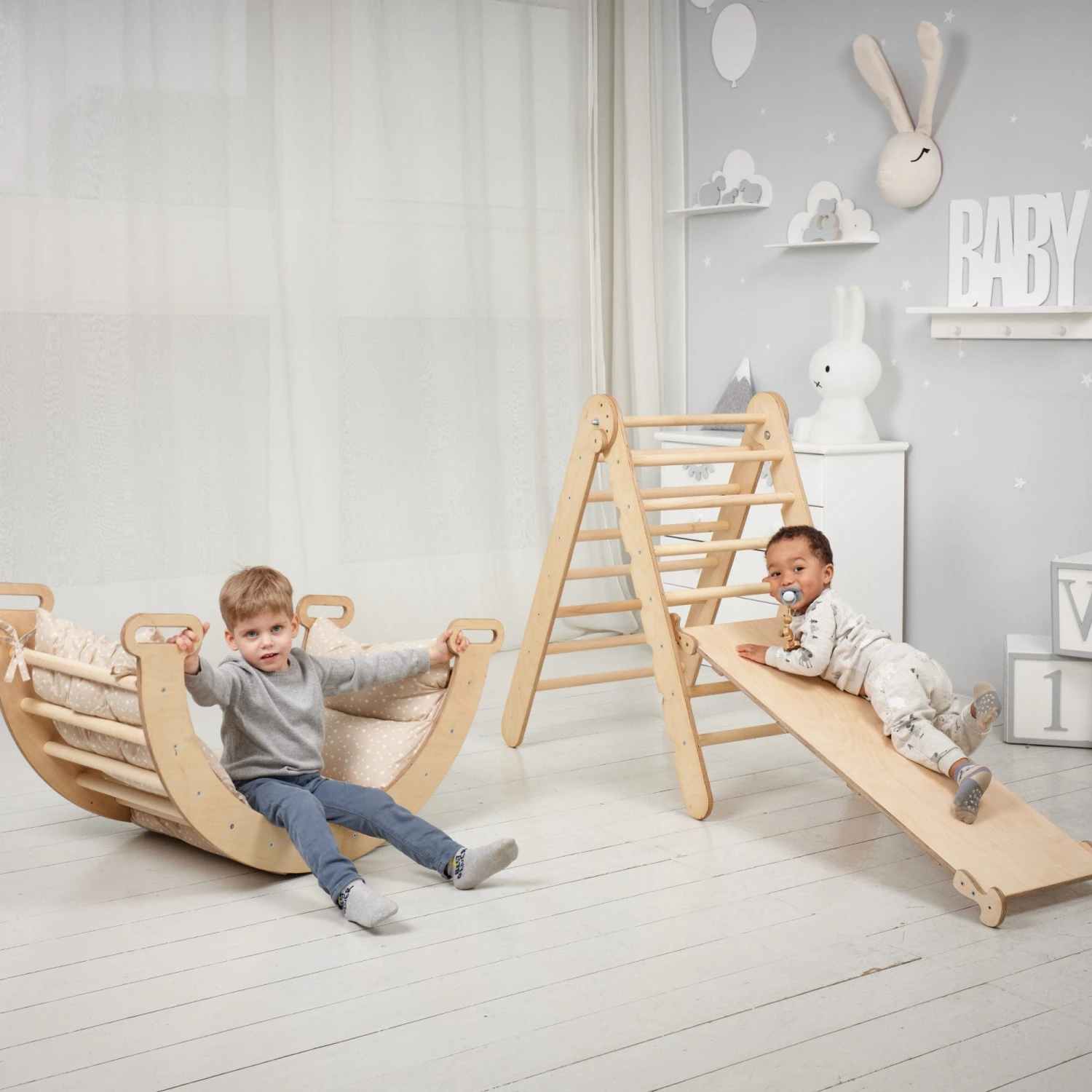3in1 Montessori Climbing Set: Triangle Ladder + Wooden Arch + Slide Board β Beige NEW - Image 9