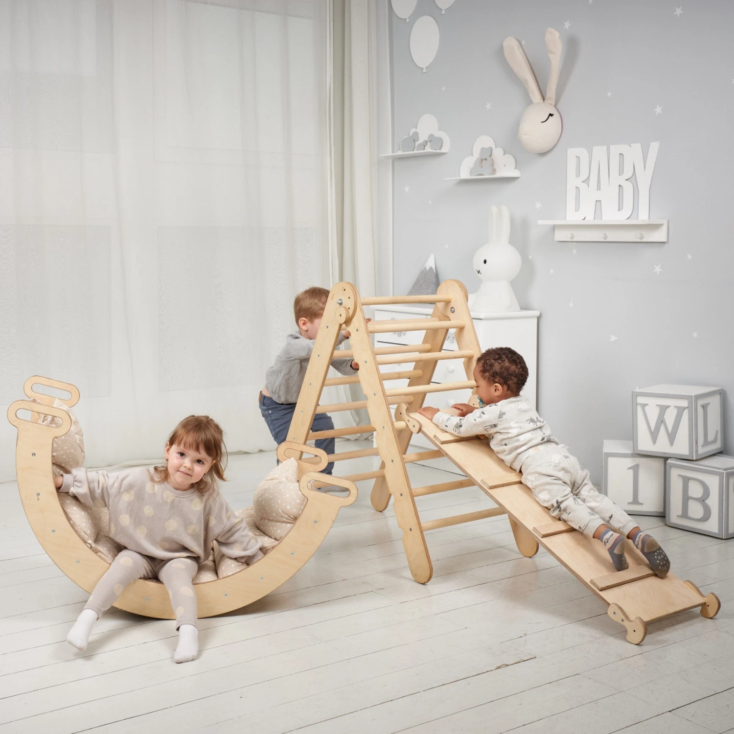 3in1 Montessori Climbing Set: Triangle Ladder + Wooden Arch + Slide Board β Beige NEW - Image 8