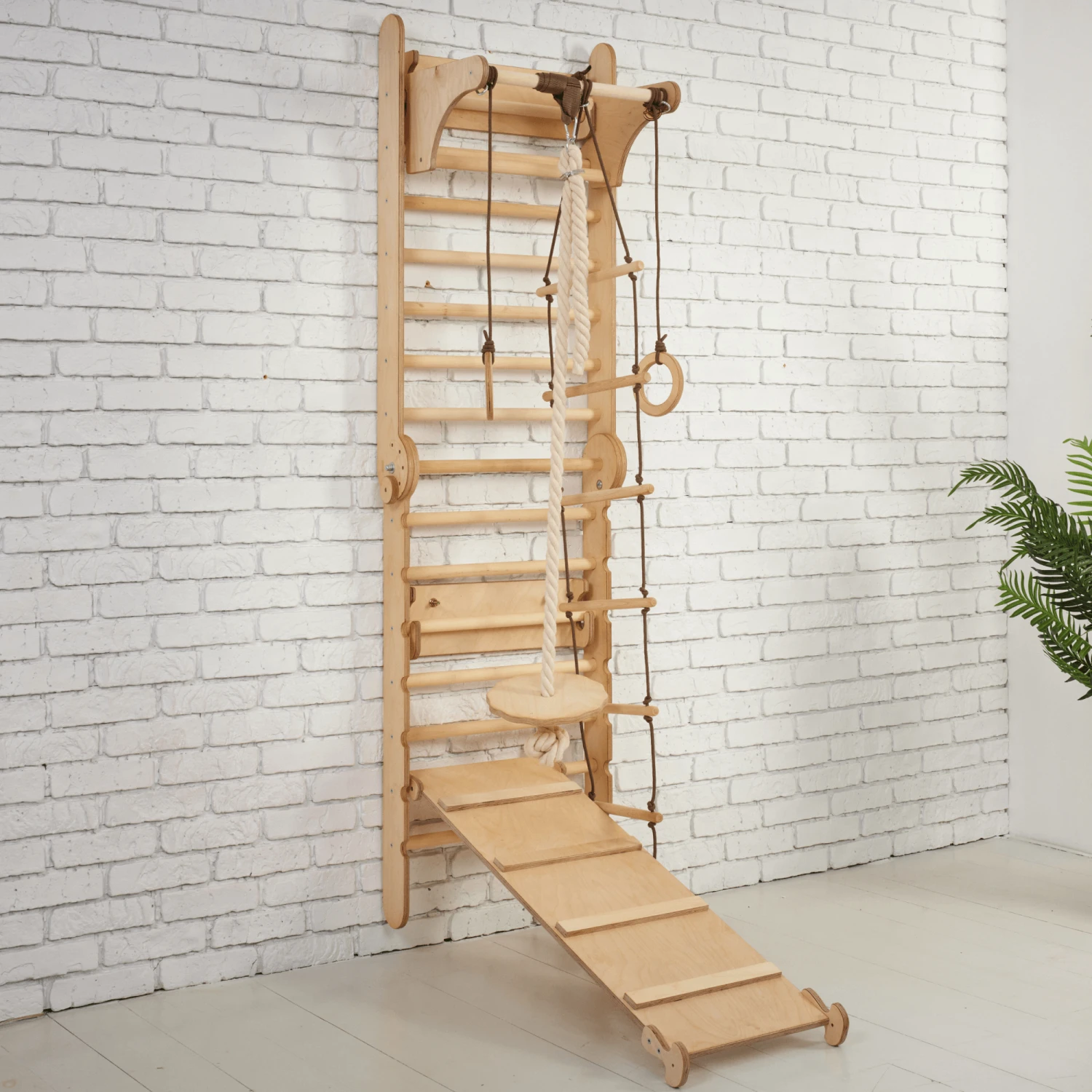 3in1: Wooden Swedish Wall / Climbing Ladder For Children + Swing Set + Slide Board - Image 3