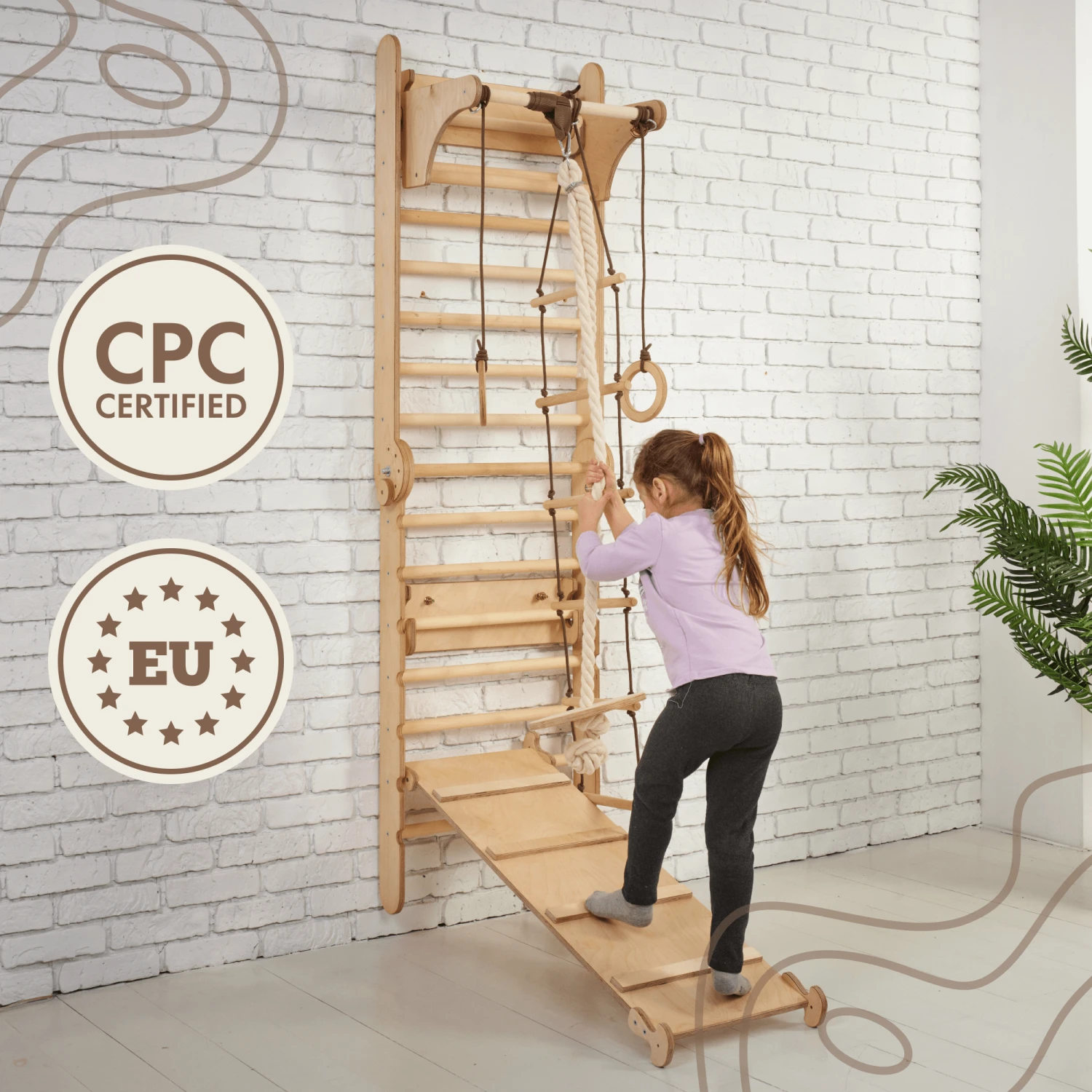 3in1: Wooden Swedish Wall / Climbing Ladder For Children + Swing Set + Slide Board - Image 6