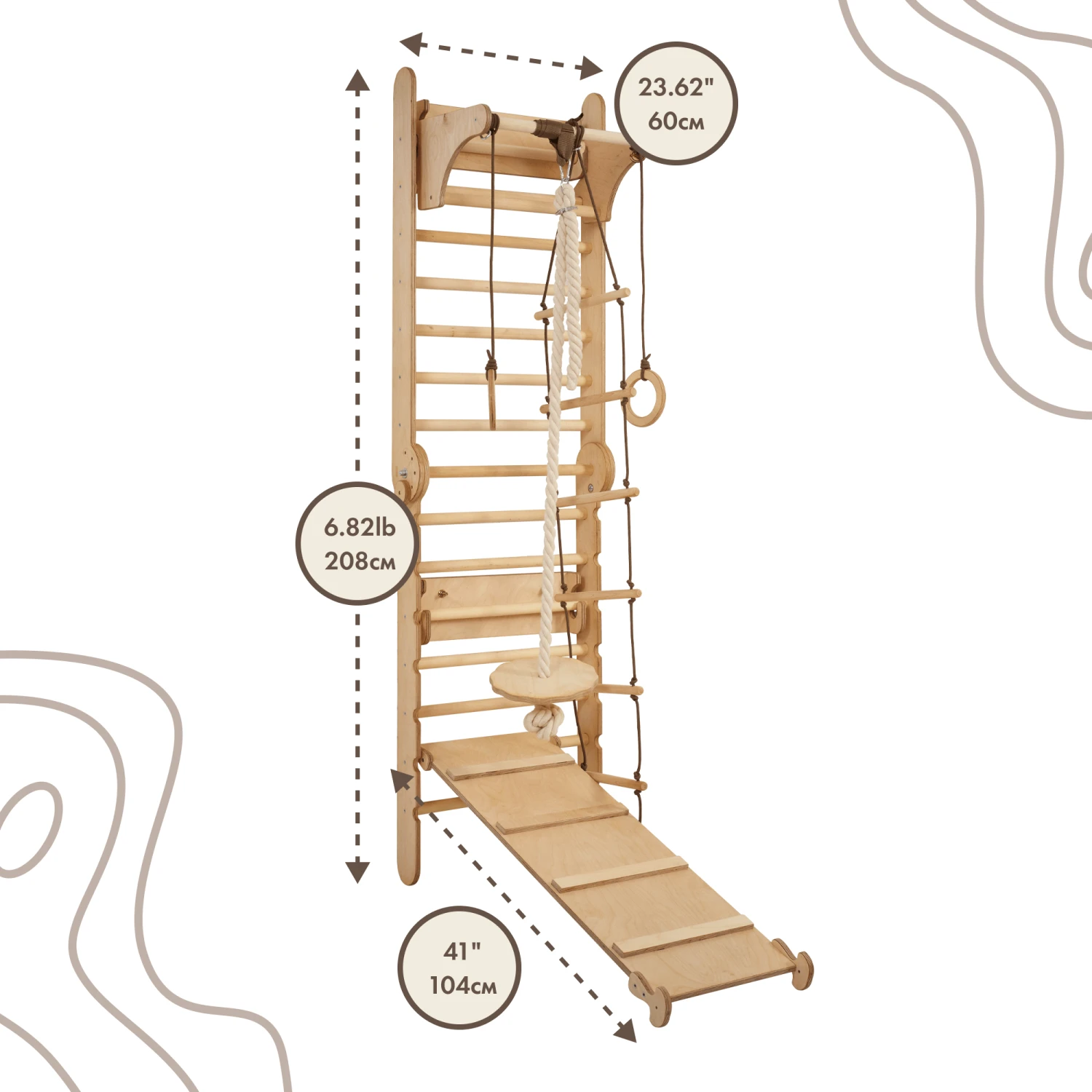 3in1: Wooden Swedish Wall / Climbing Ladder For Children + Swing Set + Slide Board - Image 4