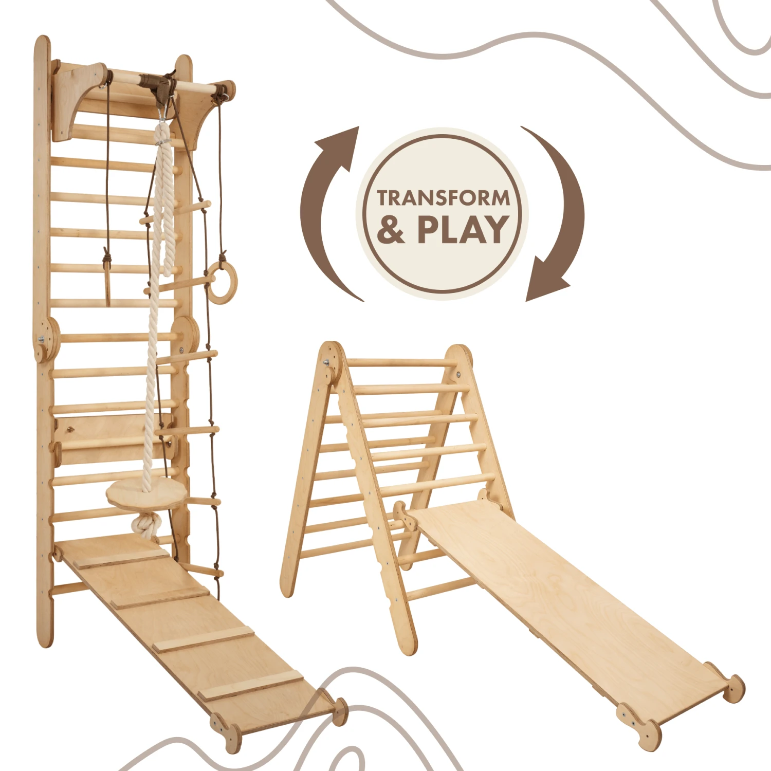3in1: Wooden Swedish Wall / Climbing Ladder For Children + Swing Set + Slide Board - Image 5