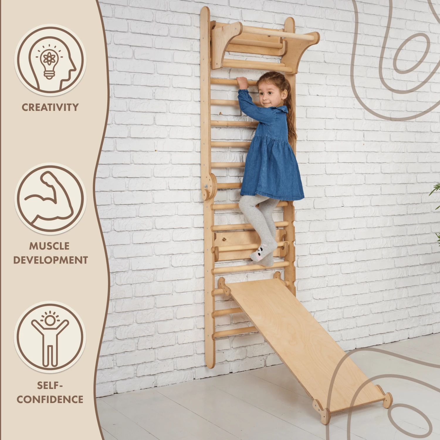 3in1: Wooden Swedish Wall / Climbing Ladder For Children + Swing Set + Slide Board - Image 8